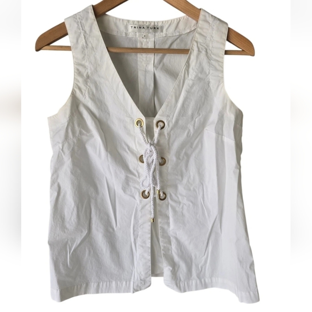 Trina Turk White Nautical Lace-Up Sleveless Top Sz S Tie Front Normcore - Picture 2 of 11